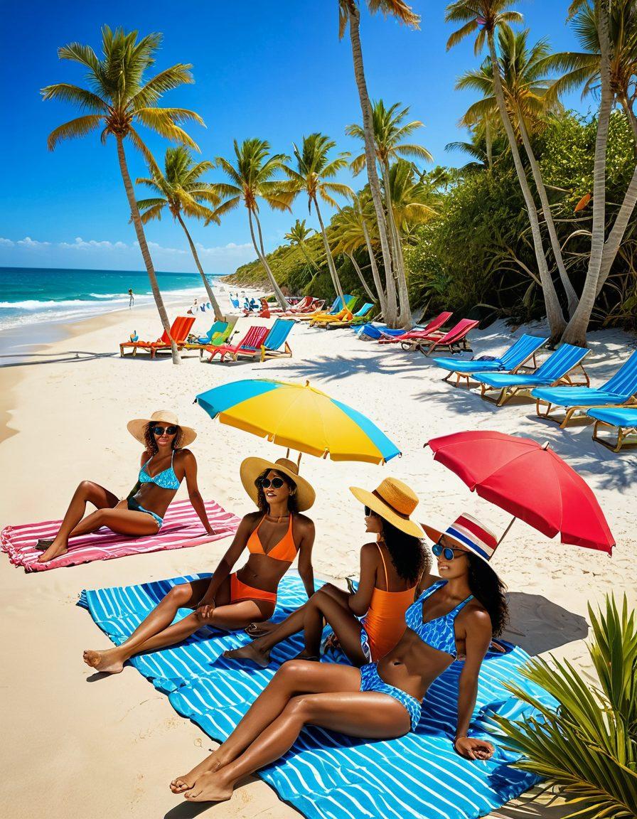A fashionable beach scene featuring diverse individuals showcasing vibrant swimwear styles, accessorized with colorful beach hats, sunglasses, and playful cover-ups. The background should include a sunny shoreline with waves gently lapping at the beach, palm trees swaying lightly in the breeze, and beach accessories like towels and umbrellas. The overall atmosphere should radiate a fun, relaxed vacation vibe. super-realistic. vibrant colors. tropical elements.