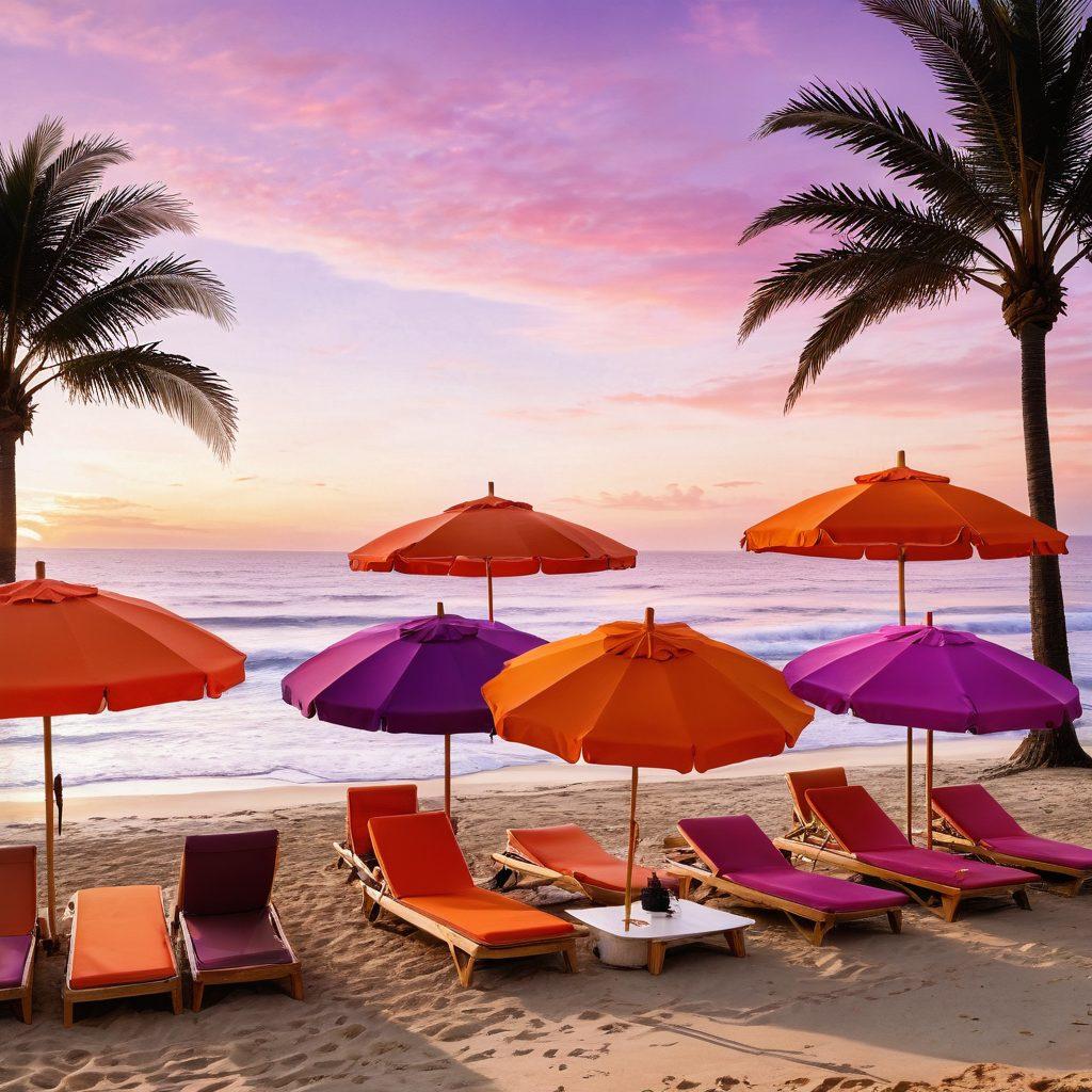 A sun-kissed beach scene featuring a diverse group of fashionable people showcasing trendy bikinis and designer swimwear for summer 2023. Include colorful beach umbrellas, stylish accessories, and surfboards in the background. Capture a vibrant sunset to evoke a warm, summer vibe. super-realistic. vibrant colors. beach aesthetic.